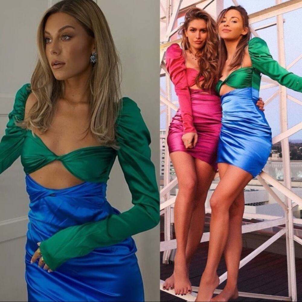 The Bar Twist Dress in Emerald & Cobalt